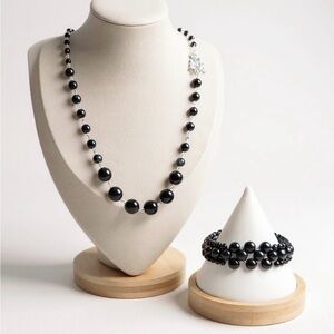 Elegant Rare Rainbow Obsidian Black Beaded Necklace and Bracelet Set